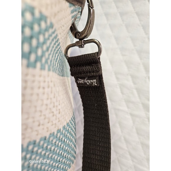Thirty-One Canvas Crew Mini ToteRetired Turquoise Straw Stripe Pattern Woven - Picture 12 of 16